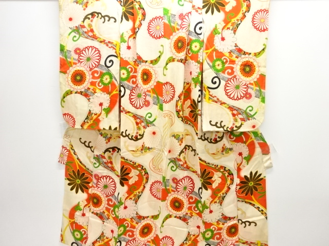 JAPANESE KIMONO / ANTIQUE KIMONO / SILK / KINSHA / WAVE & FLOWER